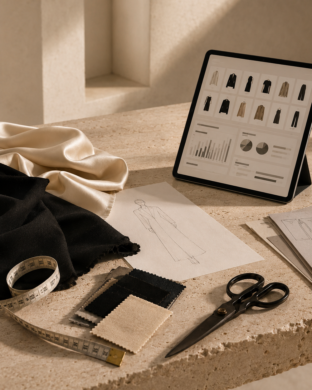 Fashion development tools, silk and collection sketches
